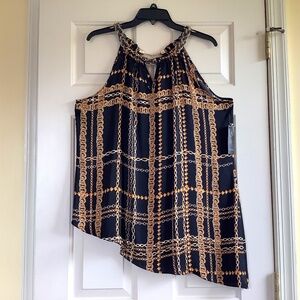 Thalia Sodi Valencia Asymmetrical Top Tunic w/ Necklace Neckline Black Gold SZXL